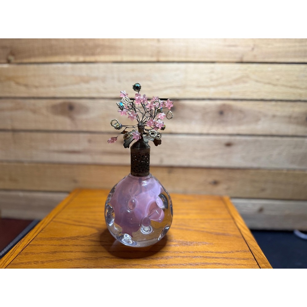 Vintage IRICE Japan Pink Art Glass Perfume Bottle Floral Stopper